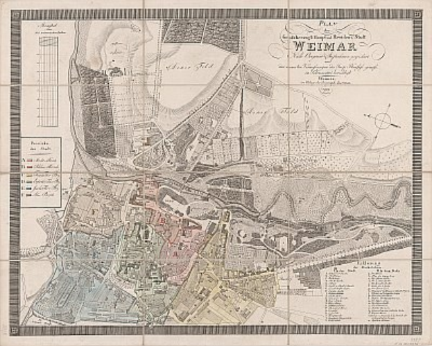 Ein detaillierter alter Stadtplan von Weimar, Deutschland, der Straßen, Gebäude und Sehenswürdigkeiten zeigt, mit begleitendem Text über die Bevölkerung und Merkmale der Stadt.