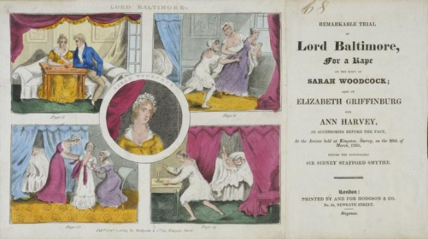 Ein historisches Dokument, das den Prozess gegen Lord Baltimore wegen Vergewaltigung zeigt, mit Illustrationen von Menschen, Vorhängen und Text.