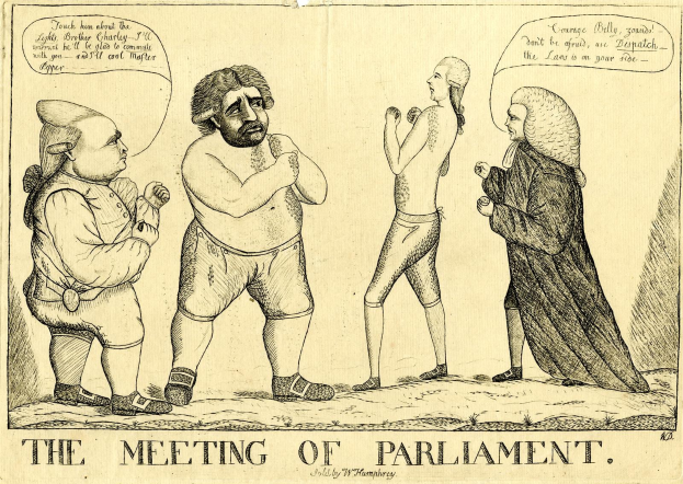 Ein Bleistiftbild zeigt drei Personen, die diskutieren, wobei eine Person mit den H├Ąnden gestikuliert, unter der ├ťberschrift "Die Parlamentssitzung" am unteren Rand.