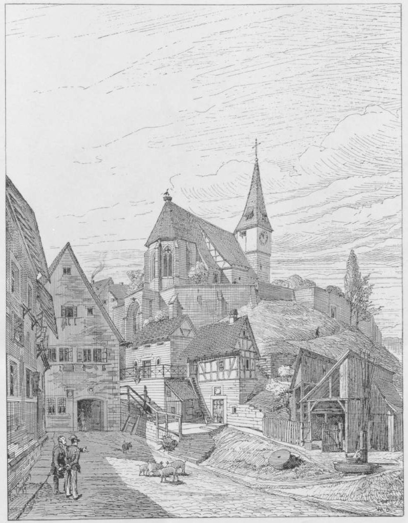 Schwarze Tuschezeichnung einer Straßenszene mit einer Kirche im Hintergrund, umgeben von Gebäuden, Menschen, Tieren, Bäumen und Himmel, mit der Bildunterschrift "Die Kirche der Heiligen Dreifaltigkeit im alten Stadtzentrum von Heidelberg, Deutschland" unten.