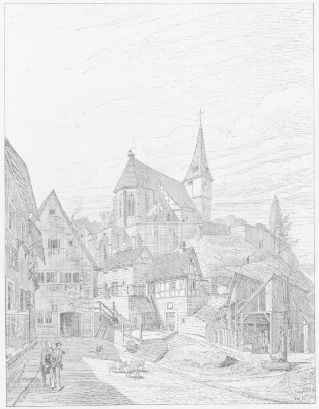 Schwarze Tuschezeichnung einer Straßenszene mit einer Kirche im Hintergrund, umgeben von Gebäuden, Menschen, Tieren, Bäumen und Himmel, mit der Bildunterschrift "Die Kirche der Heiligen Dreifaltigkeit im alten Stadtzentrum von Heidelberg, Deutschland" unten.