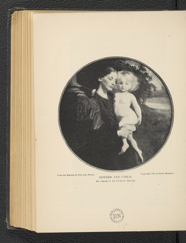 Ein aufgeschlagenes Buch mit einer Illustration einer Frau, die ein Baby zärtlich hält, und dem Text "Mutter und Kind"