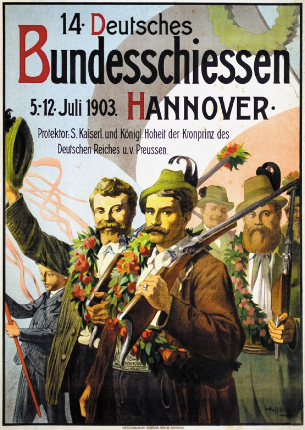 Deutscher Weltkriegspropagandaplakat, das eine Gruppe von Menschen mit Kränzen und Gewehren zeigt, mit Text oben und unten.