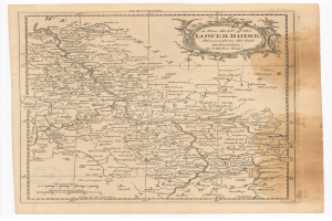 Ein altes Kartenbild des Niederrheins, detailliert mit geografischen Merkmalen wie Flüssen, Bergen und Städten, mit Text in einer klassischen Schriftart.