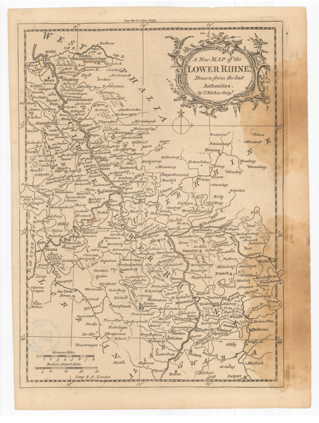 Ein altes Kartenbild des Niederrheins, detailliert mit geografischen Merkmalen wie Flüssen, Bergen und Städten, mit Text in einer klassischen Schriftart.