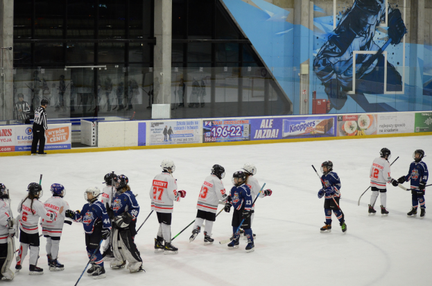 Gruppe junger Menschen beim Eishockey auf einer Indoor-Eisfläche, die Helme tragen und Stöcke halten, mit einem Zuschauer links und Bannern, Säulen und Glaswänden im Hintergrund.