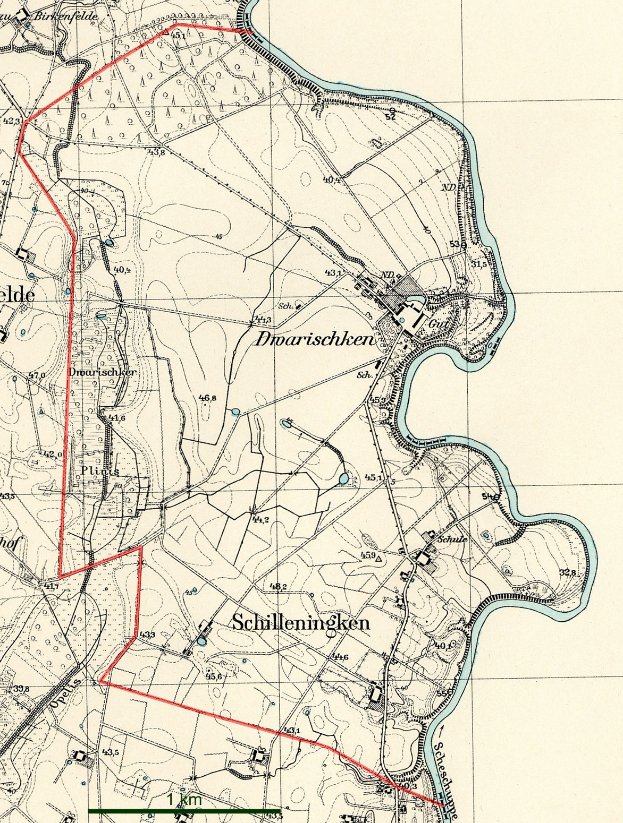 Alte Karte von Schillingen, Deutschland, mit einer roten Linie, die den Standort der Stadt markiert, auf Papier gedruckt.