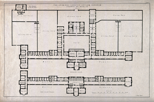 Schwarz-weißer Architekturplan eines Gebäudegeschosses mit zahlreichen beschrifteten Räumen, darunter ein als Irrenhaus für Kriminelle ausgewiesener Bereich, samt handschriftlichem Text.
