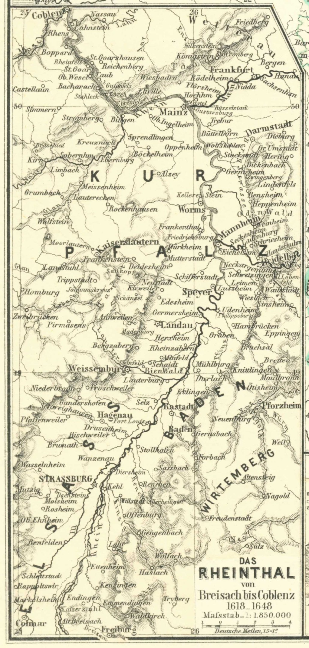 Alte Karte des Rheins in Deutschland, die Flüsse, Städte und geografische Merkmale zeigt, mit Text oben und unten.