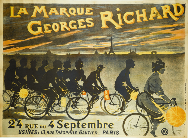 Ein Plakat für ein Fahrradrennen in Paris mit Radfahrern vor dem Eiffelturm und Text im Hintergrund.