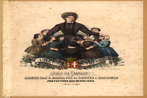 Eine Frau steht in der Mitte umgeben von einer Gruppe von Kindern, mit Text und Logo unten im Bild.