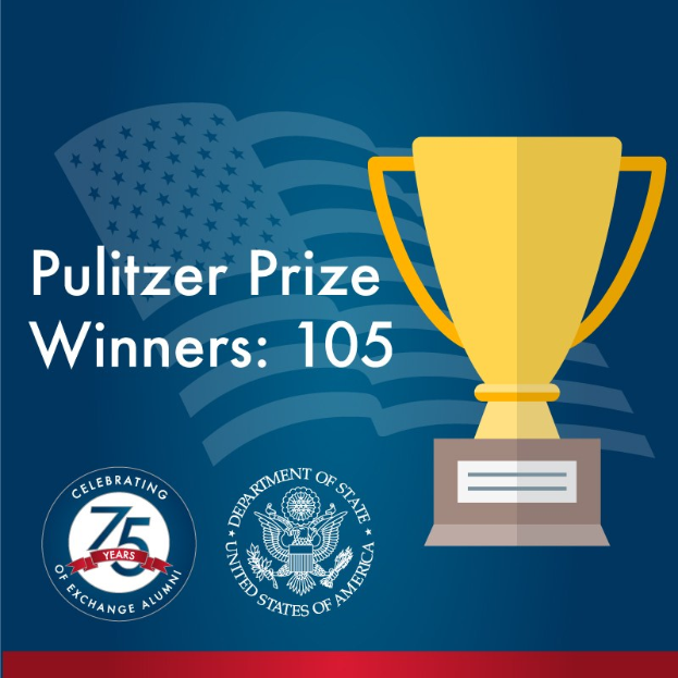 Ein Plakat mit einem zentralen Becher-Symbol umgeben von Text und Logos, betitelt "Pulitzer-Preis-Gewinner 105", das Anerkennung und Errungenschaften darstellt.