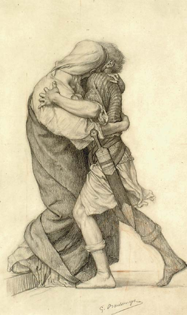 Eine Zeichnung eines Mannes und einer Frau, die sich in einem Kuss umarmen, wobei der Mann ein Schwert hält, und ein Text unten.