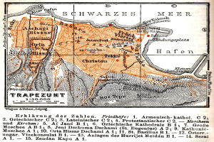Ein detaillierter alter Stadtplan von Trapezunt, Deutschland, der Stra├čen, Geb├Ąude, Landmarken und begleitenden Text mit Informationen ├╝ber die Bev├Âlkerung, Stra├čen und Landmarken zeigt.