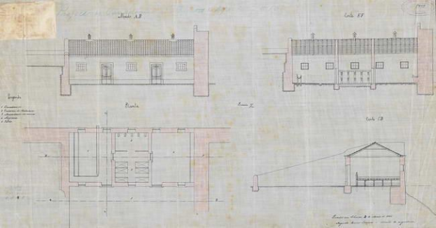 Ein detaillierter Architekturplan eines mehrfenstrigen Schulgebäudes mit umliegenden Grundrissen und Textanmerkungen.