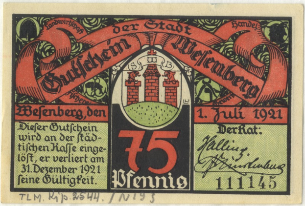 Ein altes deutsches Banknotenbild mit einem Gebäude, dem Text "Bundesliga" und einem Logo unten auf einem weißen Hintergrund.