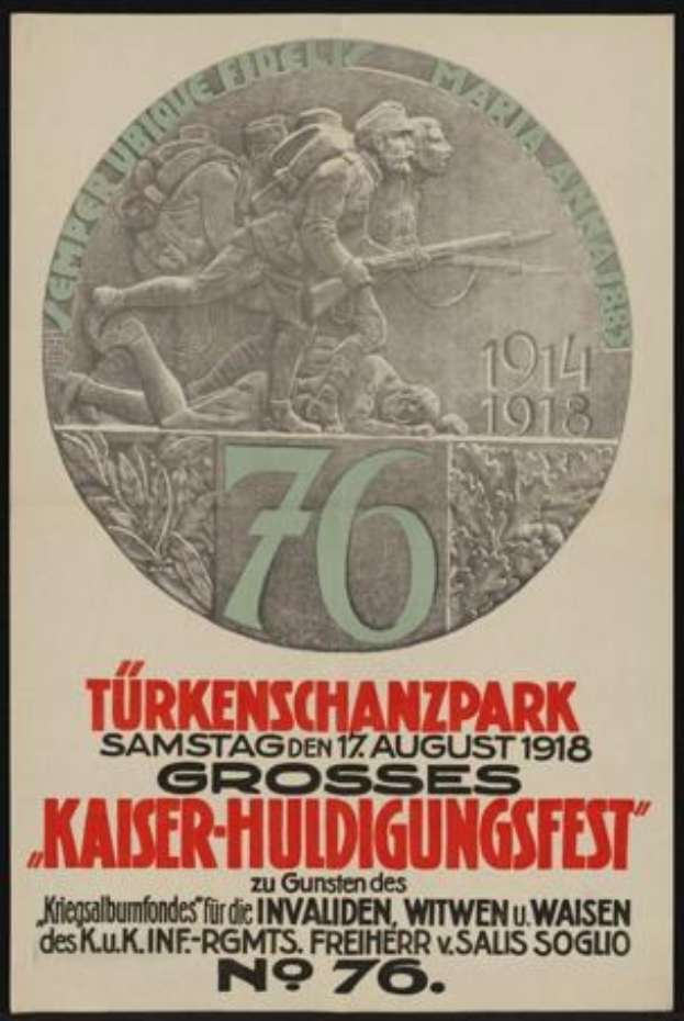 Plakat zum 70-jährigen Jubiläum des Kaiser-Huldigungsfests in Berlin, Deutschland, mit einer Gruppe von Menschen in der Mitte, umgeben von Text und Zahlen in einem klassischen Rahmen.