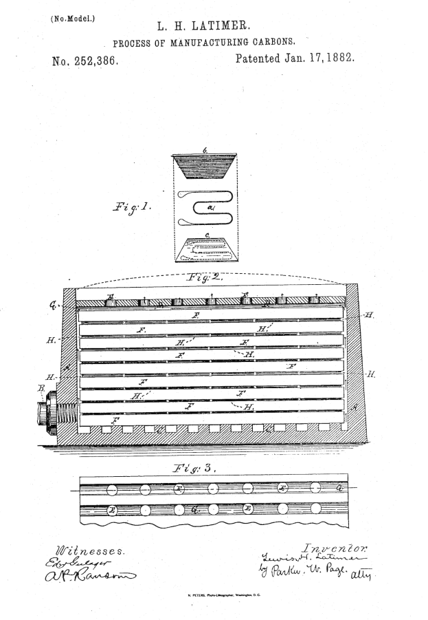 Patentzeichnung einer Maschine mit einer Vorrichtungsdiagramm, betitelt "Prozess der Herstellung von Karbonen" (Patentnr. 252,386) auf einem weißen Hintergrund.
