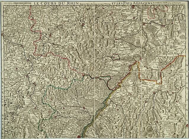 Alte gedruckte Karte der Rheinpfalz-Region in Frankreich, die den Rhein zeigt, mit Text oben und unten auf vergilbten Papier.