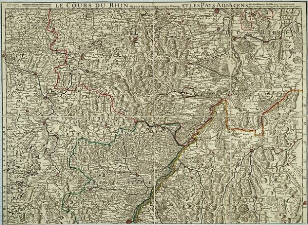 Alte gedruckte Karte der Rheinpfalz-Region in Frankreich, die den Rhein zeigt, mit Text oben und unten auf vergilbten Papier.