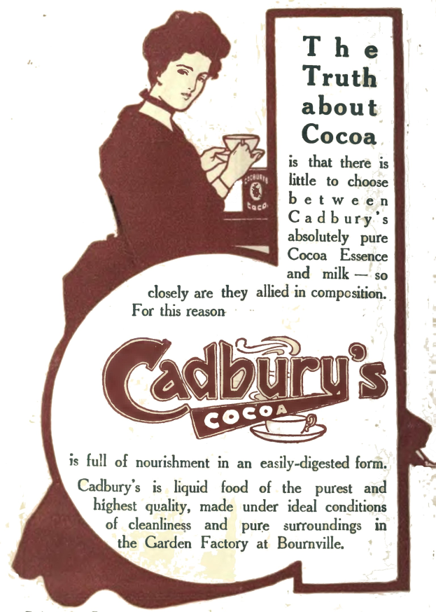 Werbung für Cadbury's Kakao mit einer Frau, die eine Tasse Kakao hält, mit Werbetext.