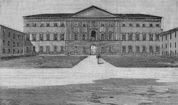 Schwarze und weiße Zeichnung des Houses of Commons-Gebäudes in London, England, mit Menschen, die davor gehen, und Text unten, der 'The House of Commons, London, England' liest.