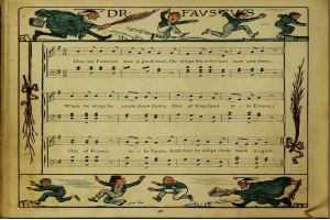 Ein offenes altes Buch mit einer Seite, die Text in verschiedenen Schriftarten und Farben, Illustrationen von Menschen, die in bunter Kleidung tanzen, und eine Zeichnung einer tanzenden Gruppe auf dem Buchumschlag zeigt.