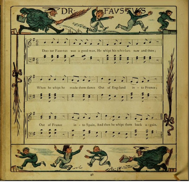 Ein offenes altes Buch mit einer Seite, die Text in verschiedenen Schriftarten und Farben, Illustrationen von Menschen, die in bunter Kleidung tanzen, und eine Zeichnung einer tanzenden Gruppe auf dem Buchumschlag zeigt.