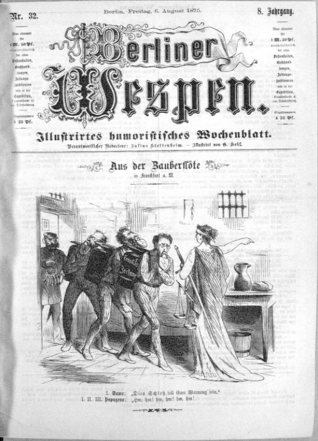 Eine schwarz-weiße Zeitung mit der Überschrift "Berliner Wespn, August 6, 1875" zeigt eine Zeichnung einer Gruppe von Menschen in Not, einige schauen ängstlich nach oben, andere verwirrt nach unten.