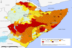 Eine Karte von Afrika mit farblich kodierten Ländern, die verschiedene Prozentsätze der Nahrungsmittelunsicherheit darstellen, begleitet von Texten, die die Schwere der Nahrungsmittelunsicherheit in jedem Gebiet beschreiben.