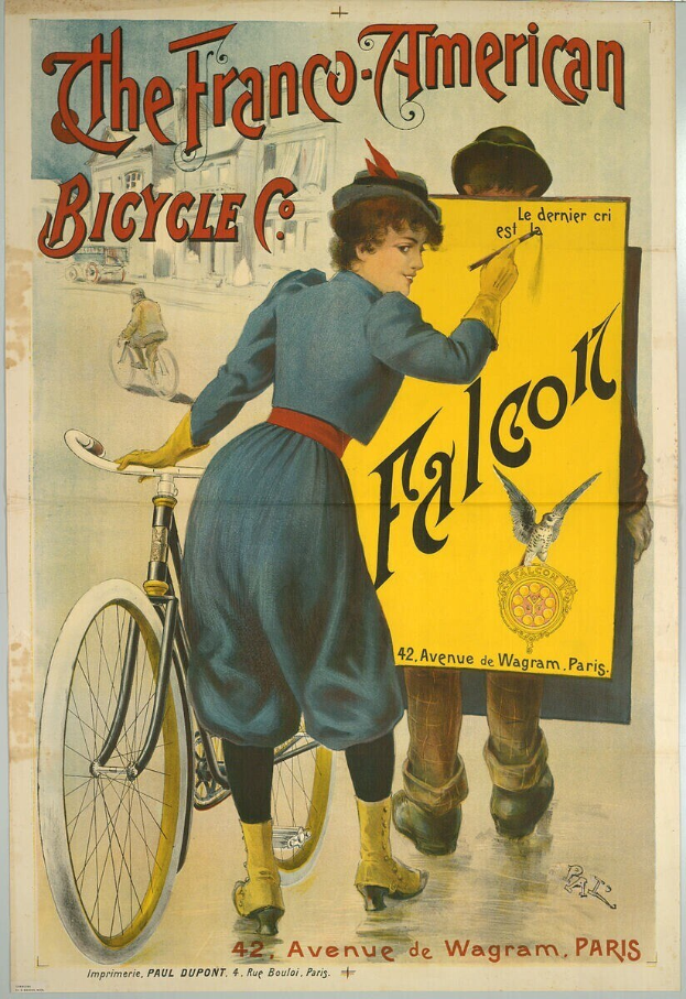 Plakat für die Franco-Amerikanische Fahrradgesellschaft mit einer Frau neben einem Fahrrad und Werbetext.