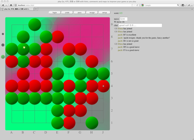 Ein Computerbildschirm mit einem Go-Spiel, das ein Gitter aus roten und grünen Kreisen anzeigt.
