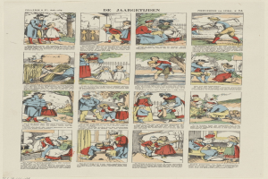 Cartoon-Illustration eines Mannes und einer Frau im Gespräch, mit dem Mann, der gestikuliert, umgeben von spielerischen Texten und Bildern auf einer Buchseite.