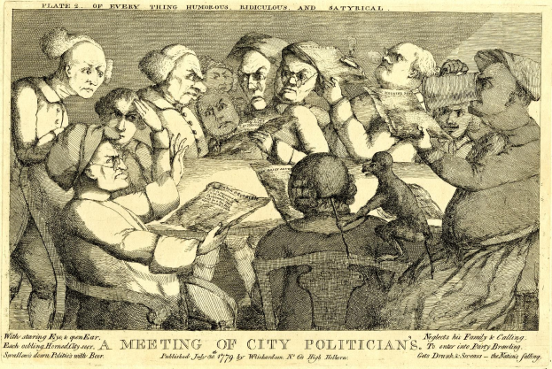 Eine Gruppe von Menschen sitzt um einen Tisch, wobei eine Person ein Buch hält, während andere in ein Gespräch vertieft sind, mit Text unten: "Eine Sitzung städtischer Politiker."