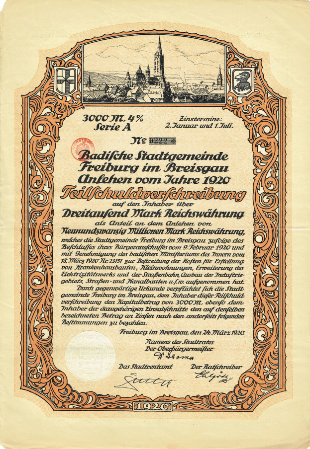 Altes deutsches Aktienzertifikat mit einer Stadtansicht und gedrucktem Text, das wahrscheinlich den Ursprung der Aktie beschreibt.