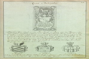 Ein altes Buch mit einem Familienwappen einer 17. Jahrhundert deutschen Familie und begleitenden Texten und Bildern zur Familiengeschichte und Kultur.