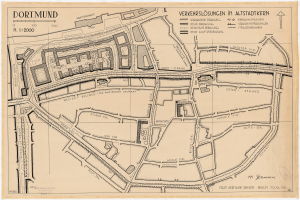 Eine detaillierte alte Karte von Dortmund, Deutschland, die Straßen, Gebäude und Sehenswürdigkeiten mit Textanmerkungen zeigt.
