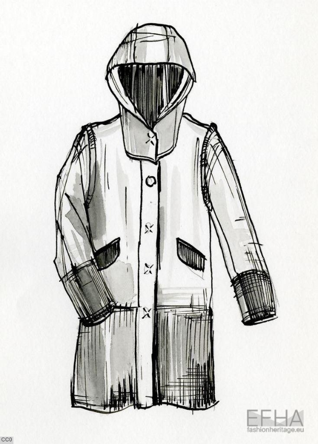 Schwarzer und weißer Skizzenentwurf einer Kapuzenjacke mit detaillierten Linien und Kurven, entworfen von efha, mit einer hochgezogenen Kapuze und stilisierter Schrift am unteren Rand.