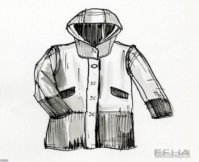 Schwarzer und weißer Skizzenentwurf einer Kapuzenjacke mit detaillierten Linien und Kurven, entworfen von efha, mit einer hochgezogenen Kapuze und stilisierter Schrift am unteren Rand.