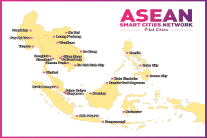Ein Plakat, das eine detaillierte Karte des ASEAN Smart Cities Network zeigt, einschließlich seiner Pilotstädte und -orte.