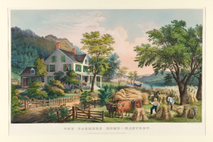 Ein Gemälde, das eine Farmszene mit einem Haus, Bäumen, Pflanzen, Gras, Tieren, einem Wagen, Menschen, einem Zaun, Wasser, Hügeln und einem bewölkten Himmel zeigt, mit der Aufschrift "Die Farmer's Home Harvest" unten.