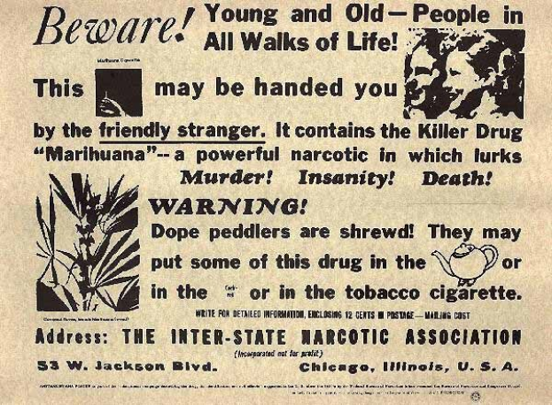 Schwarze und weiße Zeitungsanzeige für die Inter-State Narcotic Association mit einem Bild eines Mannes und einer Frau, mit der Warnungstext "Vorsicht, jung und alt in allen Lebensbereichen".