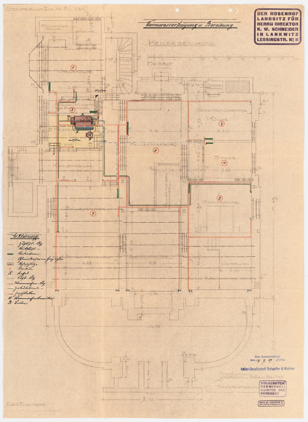 Schwarz-weißer Architekturplan vom Rosenhof-Krankenhaus in Hamburg, Deutschland, mit zahlreichen Drähten, Zimmern, Fluren und Textanmerkungen auf altem Papier.