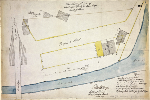 Eine detaillierte handgezeichnete Karte auf Papier, die vorgeschlagene Standorte wie Straßen, Gebäude und Landmarken zeigt, begleitet von erklärendem Text über die Größe, den Standort und die Eigenschaften der Stätte.