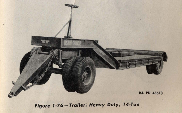 Schwarzes und weißes Foto eines Schwerlastanhängers mit einer Tragfähigkeit von 14 Tonnen, das Textdetails am unteren Rand zeigt.