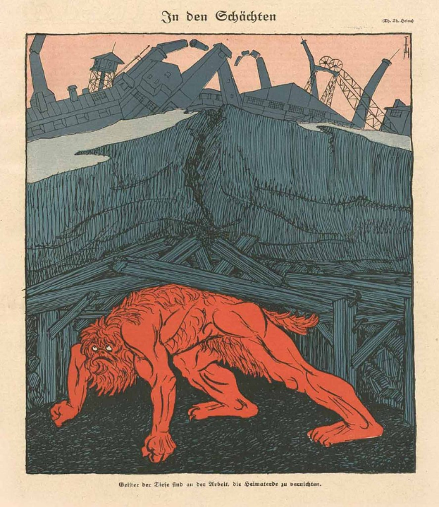 Illustration eines bedrohlichen Werwolfs mit ausgestreckten Krallen und offenem Mund vor einem von Rauch und Dampf erfüllten Fabrikgebäude unter einem tiefblauen Himmel, mit einem Plakat im Hintergrund, das das Bild des Werwolfs und fetten Text zeigt.