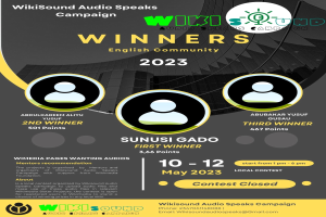 Ein buntes Plakat mit einem blauen Hintergrund und gelben und weißen Buchstaben, die in fetter Schrift "Gewinner" bilden, mit lachenden Menschen in der Mitte.