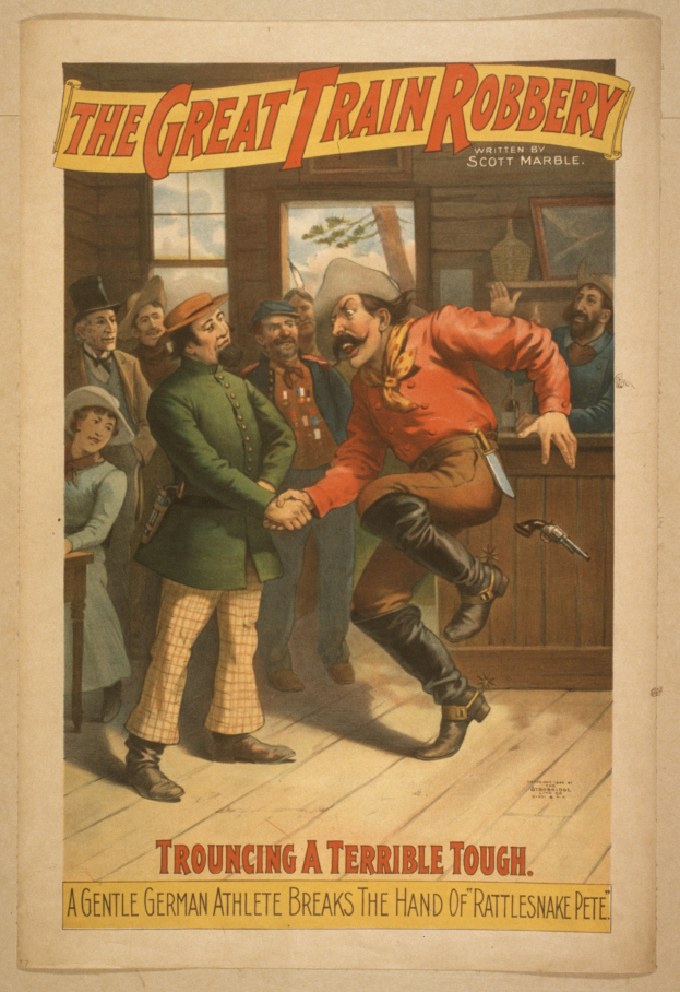 Ein Plakat, das eine Gruppe von Menschen zeigt, die drinnen stehen, einer hält eine Waffe, mit Text oben und unten, der lautet "Der große Zugüberfall - Trouching ein schreckliches Tough".