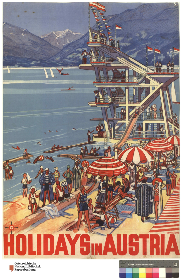 Plakat für Österreich-Urlaub mit Menschen am Strand mit Schirmen, einem Schiff im Hintergrund, winkenden Flaggen und fernen Bergen.