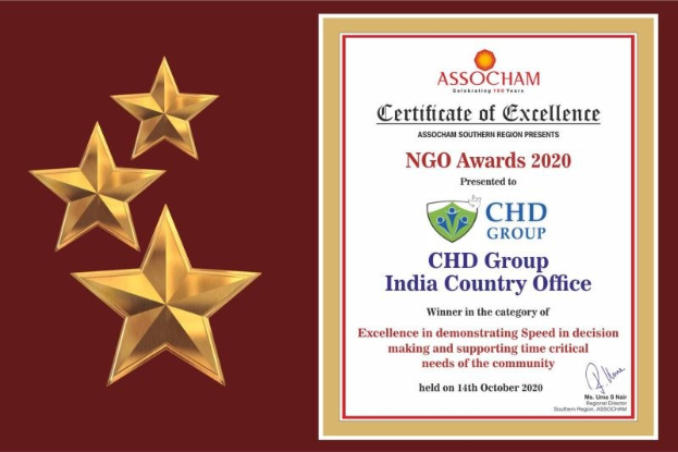 Auszeichnung der Excellence für die NGO Awards 2020 mit "Chd Group India Country Office" und einem Schild-Logo mit einem zentralen Stern und einem Lorbeerkranz.